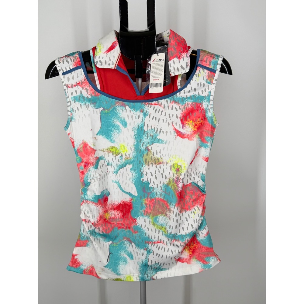 SwingDish Womens Sleeveless Golf Polo Shirt Abstract Floral Red Teal Size M NWT